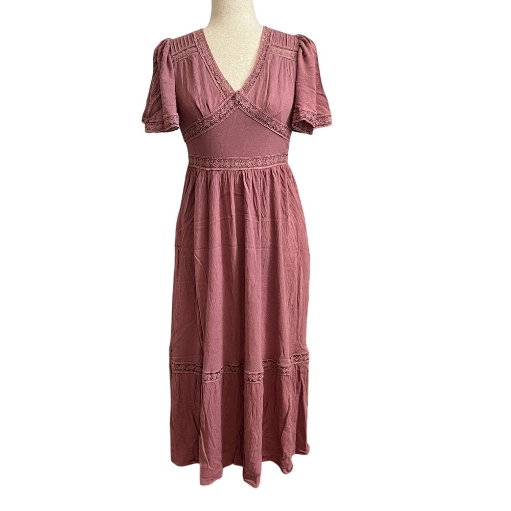 Cottagecore In Loom Mauve Lace Trim Boho Midi Dress Short Sleeve Romantic Size S